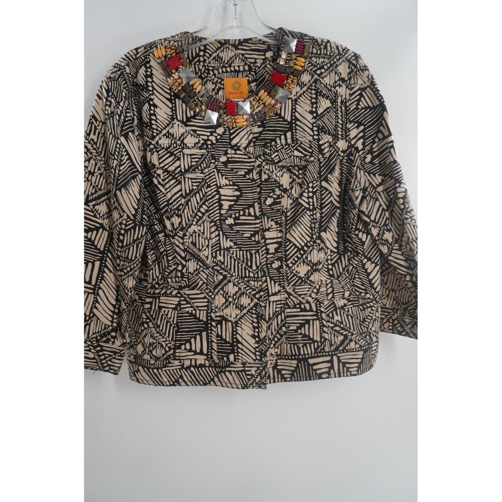 Ruby Rd. Black & Beige Abstract Geometric Jeweled Neckline Cotton Jacket Size 16